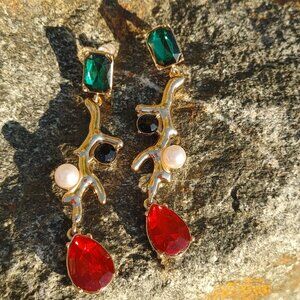Golden Branch Earrings with Red & Blue/Green Crystals, Onyx, and Pearl